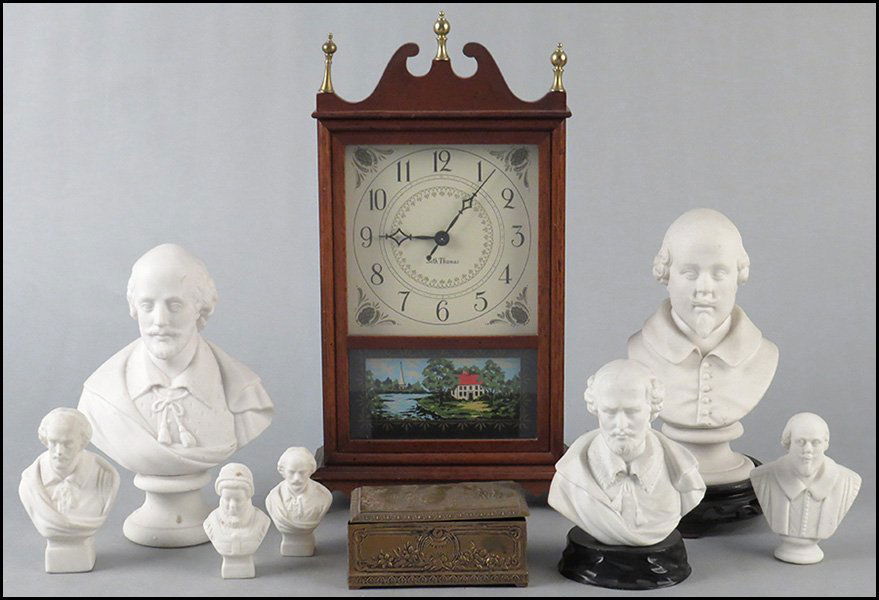 SEVEN BISQUE PORCELAIN BUSTS.: SEVEN BISQUE PORCELAIN BUSTS. Together with a hammered metal box and a Seth Thomas mantle clock Clock height 15"