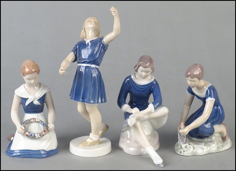 FOUR BING & GRONDAHL COPENHAGEN PORCELAIN GIRL FIGURES.: FOUR BING & GRONDAHL COPENHAGEN PORCELAIN GIRL FIGURES. Comprised of 2345, 2273, 2356, and 2351 Tallest H: 9''