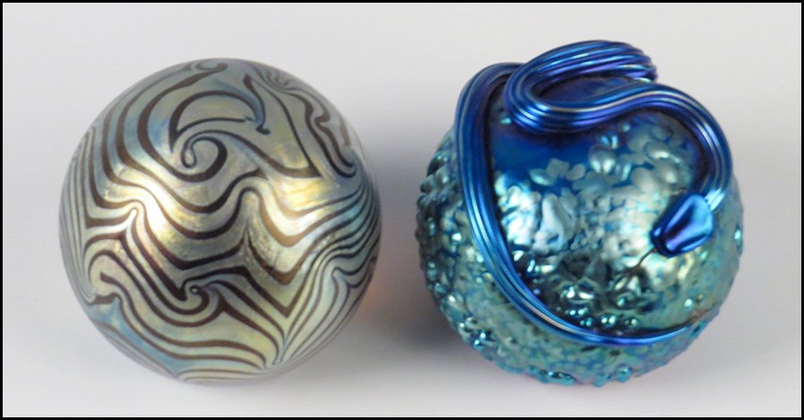 TWO ART GLASS PAPERWEIGHTS.: TWO ART GLASS PAPERWEIGHTS. One signed "Eickholt 1981", one signed "Orient & Flume, 1979", with sticker H: 3''