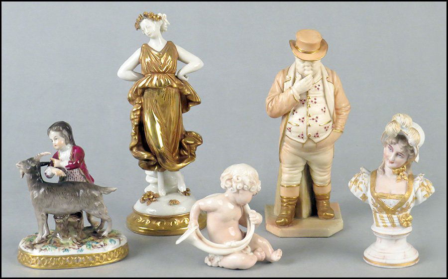 HADLEY FOR ROYAL WORCESTER PORCELAIN FIGURE.: HADLEY FOR ROYAL WORCESTER PORCELAIN FIGURE. Marked 851. Together with a Capodimonte boy with a goat and goddess, a porcelain bust of a lady and a porcelain cherub with a horn Height: 7"