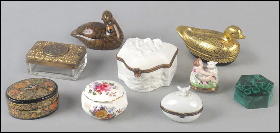 COLLECTION OF DECORATIVE BOXES.: COLLECTION OF DECORATIVE BOXES. Comprised of two lacquer duck form boxes, a French bisque porcelain box, a French painted porcelain box signed "Payser", a malachite box, a Royal Crown Derby porcelain
