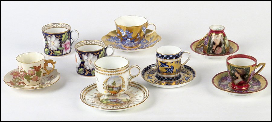 COLLECTION OF 19TH-CENTURY PORCELAIN DEMITASSE AND TEAC: COLLECTION OF 19TH-CENTURY PORCELAIN DEMITASSE AND TEACUPS. Comprised of a Coalport, Royal Worcester, Royal Crown Derby and Austrian Imperial China demitasse cups, and a Coalport teacup