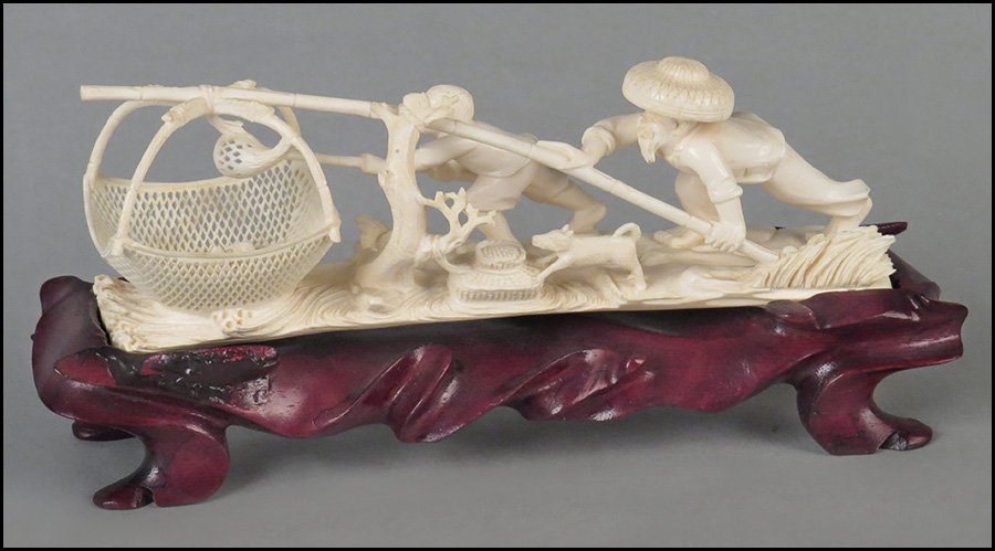 CHINESE CARVED IVORY FISHERMEN SCENE.: CHINESE CARVED IVORY FISHERMEN SCENE. Length: 7"