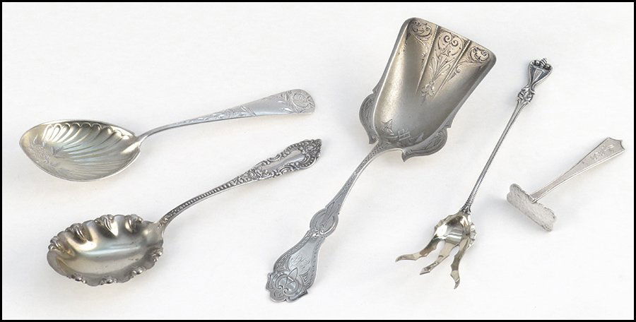 JAMES WATTS COIN SILVER SERVING PIECE.: JAMES WATTS COIN SILVER SERVING PIECE. Together with a Towle sterling silver lettuce fork, a sterling silver berry spoon, a sterling silver serving spoon, and a sterling silver food pusher