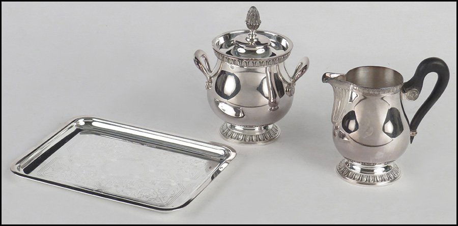 CHRISTOFLE SILVERPLATE CREAMER AND COVERED SUGAR BOWL I: CHRISTOFLE SILVERPLATE CREAMER AND COVERED SUGAR BOWL IN THE MALMAISON PATTERN. Together with a silverplate tray
