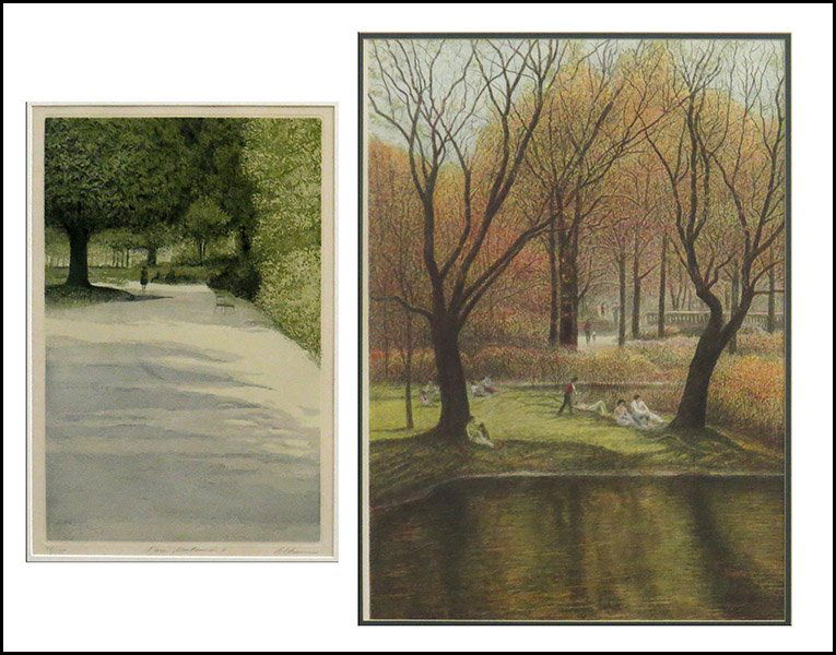 HAROLD ALTMAN (AMERICAN, 1924-2003) PARK SCENE.: HAROLD ALTMAN (AMERICAN, 1924-2003) PARK SCENE. Color etching, edition 34/175. Pencil signed LR. Together with a lithograph depicting a park scene (framed 32" x 27"), unsigned Frame: 27" x 21"