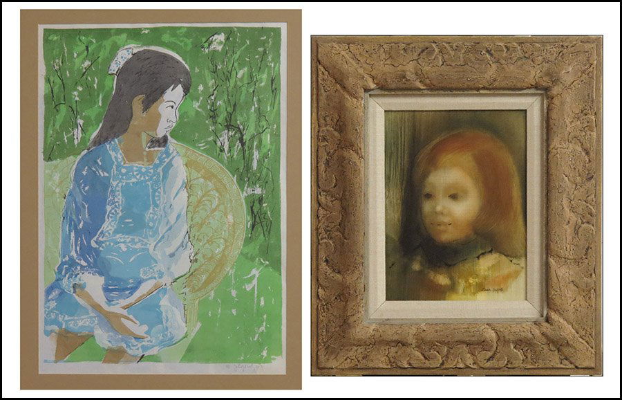 ZORA DUVALL (AMERICAN, B.1927) PORTRAIT OF A CHILD.: ZORA DUVALL (AMERICAN, B.1927) PORTRAIT OF A CHILD. Oil on board. Signed LR. Together with a color lithograph "Girl in the Garden", illegibly signed LR Board: 12" x 9"