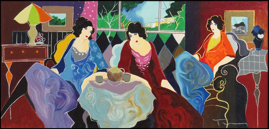 ITZCHAK TARKAY (ISRAELI, 1935-2012) LADIES TEA.: ITZCHAK TARKAY (ISRAELI, 1935-2012) LADIES TEA. Hand embellished serigraph on canvas, edition 27/50. Signed LR "Tarkay" Frame: 22'' X 37'' Canvas: 14" x 28.5"