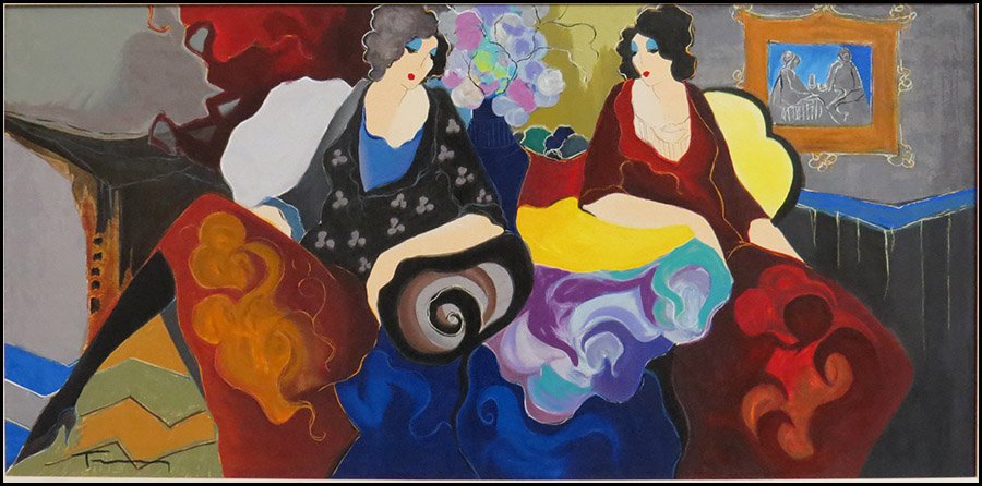 ITZCHAK TARKAY (ISRAELI, 1935-2012) PRIVATE CHAT.: ITZCHAK TARKAY (ISRAELI, 1935-2012) PRIVATE CHAT. Hand embellished serigraph on canvas, edition 38/90. Signed "Tarkay" LL Frame: 30'' X 52'' Canvas: 21" x 43"