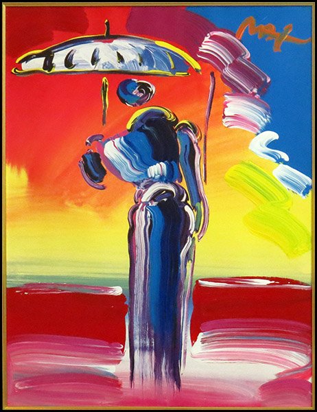 PETER MAX (GERMAN, B. 1937) UMBRELLA MAN WITH CANE 2003: PETER MAX (GERMAN, B. 1937) UMBRELLA MAN WITH CANE 2003. Mixed media serigraph on paper with paint. Signed "Max" UR Frame: 42'' X 34'' Sight: 28'' X 22''
