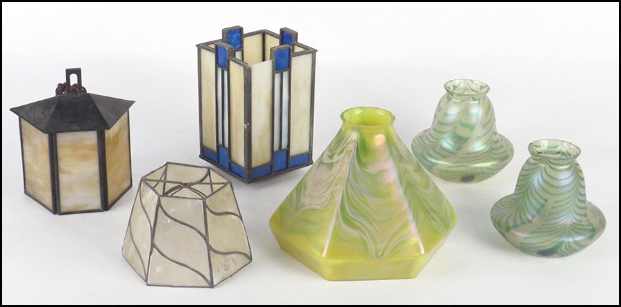 PAIR OF FAVRILE GLASS LAMP SHADES.: PAIR OF FAVRILE GLASS LAMP SHADES. Together with a slag glass shade, a slag glass shaded light, a favrile glass shade, and a shell and metal shade Pair H: 5''