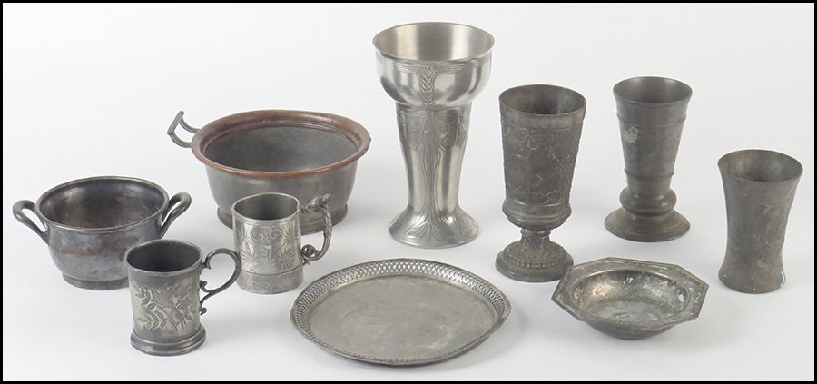 KAYSERZINN ART NOUVEAU PEWTER BEAKER.: KAYSERZINN ART NOUVEAU PEWTER BEAKER. Together with a collection of pewter table articles. Comprised of a Pairpoint filigree tray, two mugs, a Stockholm F. Santesson goblet, an Old Colonial handled bo