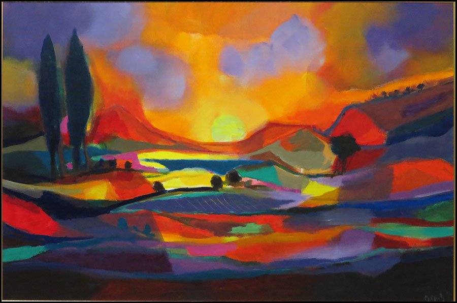 MARCEL MOULY (FRENCH, 1918-2008) PAYSAGE AUX DEUX CYPRE: MARCEL MOULY (FRENCH, 1918-2008) PAYSAGE AUX DEUX CYPRESS. Acrylic on canvas Frame: 50'' X 68'' Sight: 36'' X 58''