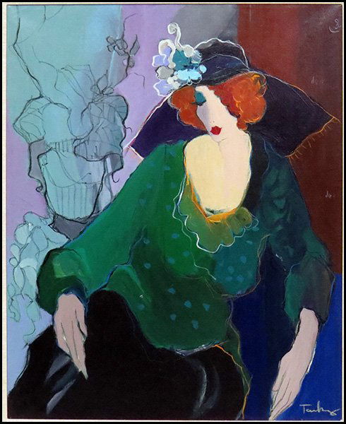 ITZCHAK TARKAY (ISRAELI, 1935-2012) JEANNINE WITH FLOWE: ITZCHAK TARKAY (ISRAELI, 1935-2012) JEANNINE WITH FLOWERED HAT. Oil on canvas. Signed lower right Frame: 51'' X 44'' Sight: 39'' X 32''