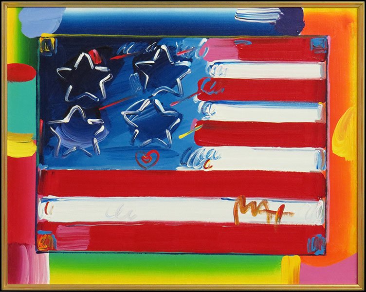 PETER MAX (GERMAN, B. 1937) FLAG WITH HEART VERSION VI : PETER MAX (GERMAN, B. 1937) FLAG WITH HEART VERSION VI #56. Print with hand work on canvas, edition 84/122, signed lower left Frame: 26''' X 30'' Sight: 16'' X 20''