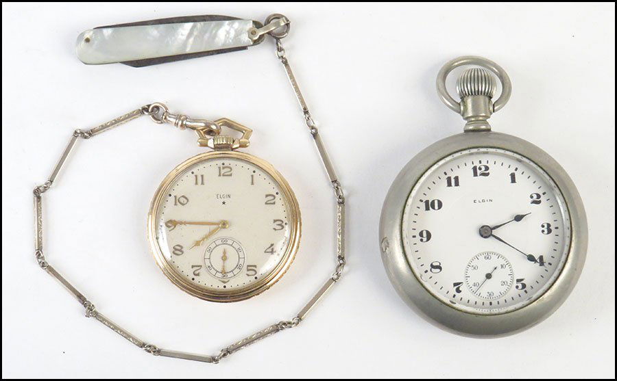ELGIN RAILROAD POCKET WATCH.: ELGIN RAILROAD POCKET WATCH. Together with an Elgin 10 karat gold filled pocket watch and chain