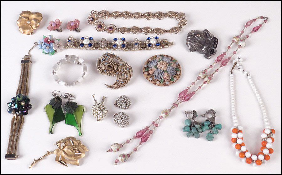 PAIR OF ALICE CAVINESS PINK BEAD EARCLIPS.: PAIR OF ALICE CAVINESS PINK BEAD EARCLIPS. Together with a Coro gold tone pansy brooch, a Trifari gold tone rose brooch, an ORA purple rhinestone necklace, a pair of white floral earclips, a pair of f