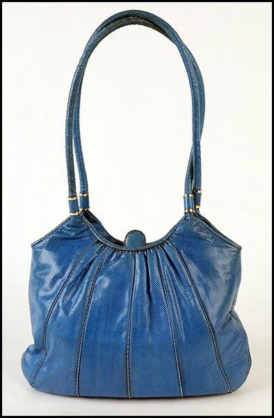 JUDITH LEIBER BLUE LIZARD HANDBAG.: JUDITH LEIBER BLUE LIZARD HANDBAG. With satin coin purse. Satin lined interior 8'' x 10.5''