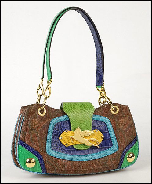 ETRO PAISLEY AND MULTI-COLORED LEATHER HANDBAG.: ETRO PAISLEY AND MULTI-COLORED LEATHER HANDBAG. 7" x 13" x 3"