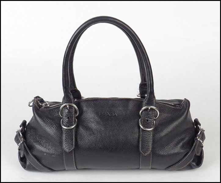 PRADA BLACK LEATHER HANDBAG.: PRADA BLACK LEATHER HANDBAG. Bearing a linen lining H: 7" W: 16" D: 5"
