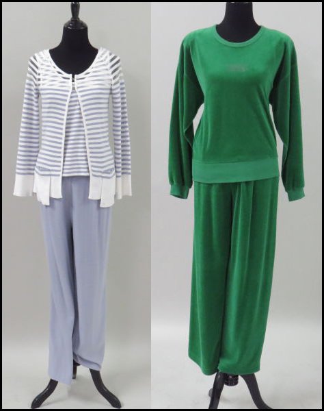SONIA RYKIEL COTTON CASUAL KNIT SUIT.: SONIA RYKIEL COTTON CASUAL KNIT SUIT. Comprised of a sleeveless shirt, a sweater with a clasp front and "SR" in rhinestones on the bottom left, and pants. Together with a Sonia Rykiel Paris green velo