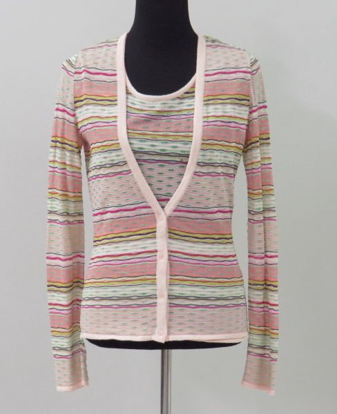 MISSONI STRIPED KNIT SWEATER SET.: MISSONI STRIPED KNIT SWEATER SET. Comprised of a knit tee shirt and a sweater with a button front. Rayon, nylon, cotton blend. Made in Italy Size 44