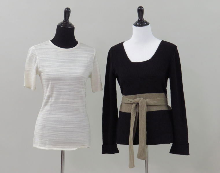 SONIA RYKIEL PARIS BLACK CASHMERE AND WOOL SWEATER.: SONIA RYKIEL PARIS BLACK CASHMERE AND WOOL SWEATER. With brown tie waist band. Together with a Yves Saint Laurent Rive Gauche cream knit shirt. 100% viscose Sweater size: 44 Shirt size: 42