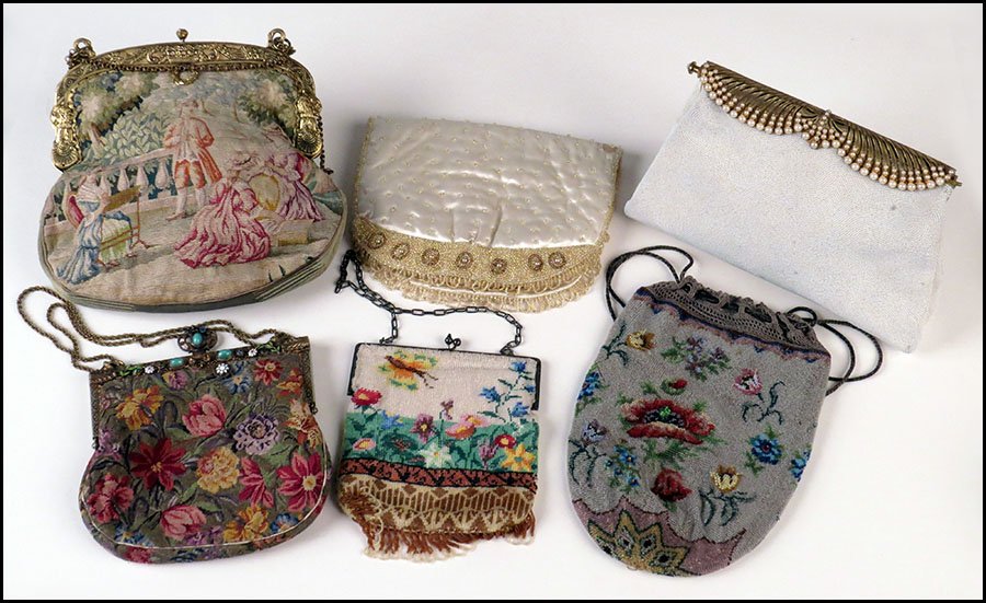 TWO PETIT POINT HANDBAGS.: TWO PETIT POINT HANDBAGS. Together with a Koret Tresor beaded clutch, a handmade beaded French clutch, and two beaded hand bags Larger petit point: 8.5'' x 8.5''