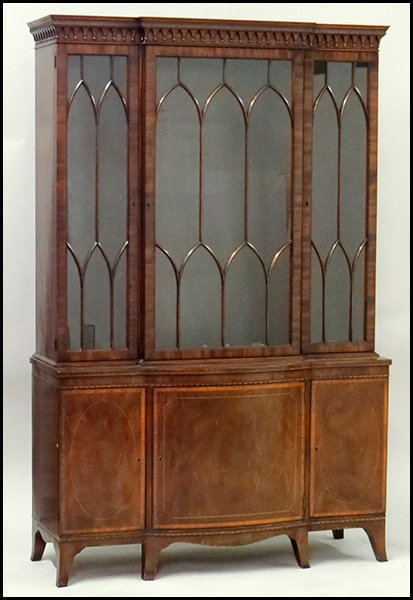 INLAID MAHOGANY BREAKFRONT CABINET.