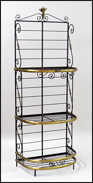 BRASS AND PATINATED METAL BAKER'S RACK.: BRASS AND PATINATED METAL BAKER'S RACK. With three tiers 81'' x 29'' x 20''