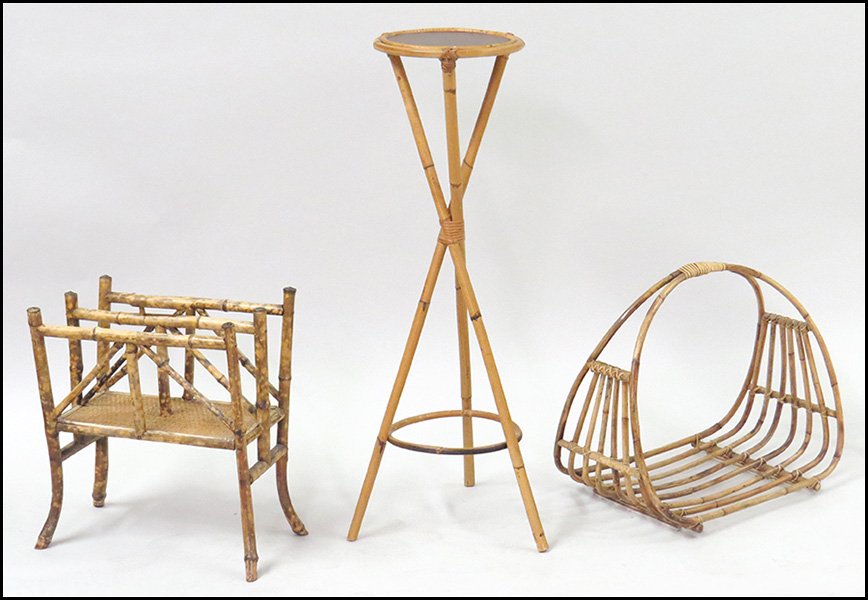ITALIAN BAMBOO PLANT STAND.: ITALIAN BAMBOO PLANT STAND. Signed "Rosenthal Netter". Together wtih bamboo basket (H: 20" x W: 13" x D: 21") and canterbury (H: 20" x W: 11" x 17") H: 38" x Diameter: 12"