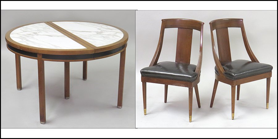 MARBLE TOP DINING TABLE.: MARBLE TOP DINING TABLE. Includes three leaves (18"). Together with four leather upholstered side chairs (H: 34") Table H: 28" Diamter: 48"