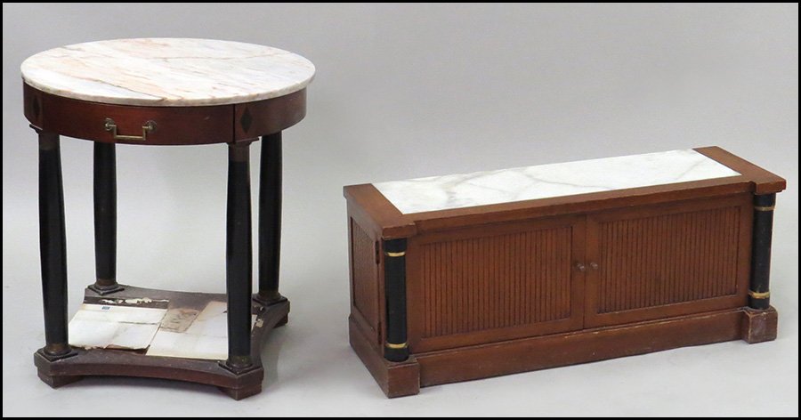 PINK MARBLE TOP OCCASIONAL TABLE.: PINK MARBLE TOP OCCASIONAL TABLE. Together with marble top two-door cabinet (H: 15" x W: 38" x D: 12") H: 27" Diameter: 26"