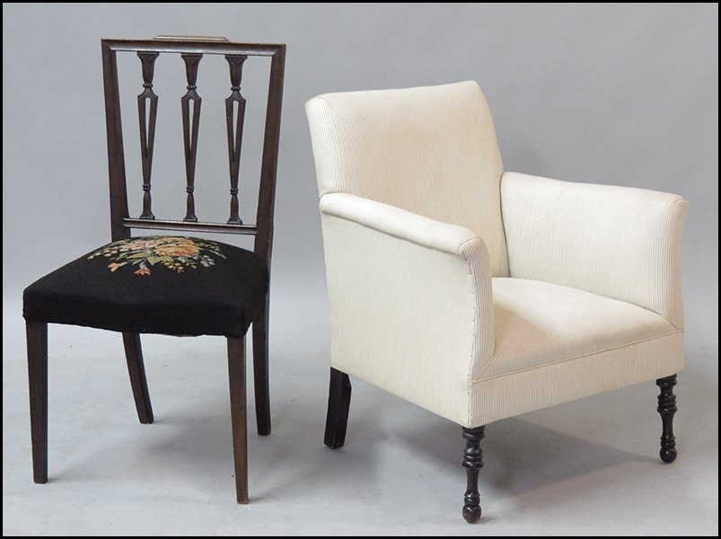 HEPPLEWHITE STYLE MAHOGANY SIDE CHAIR.: HEPPLEWHITE STYLE MAHOGANY SIDE CHAIR. Bearing a needlepoint seat. Together with an upholstered armchair, raised on turned mahogany legs Back Height: 36"