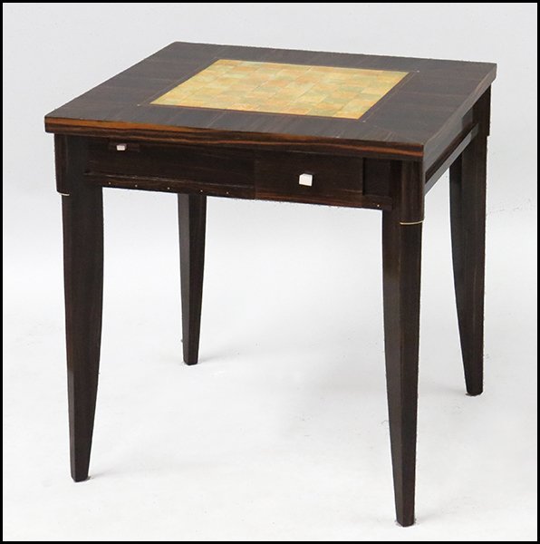 ART DECO MACASSAR GAMES TABLE.: ART DECO MACASSAR GAMES TABLE. Bearing a shagreen chess board top. Two sides bear a single drawer for game pieces and an individual pullout ash receiver H: 29" W: 27.5" D: 26.5"