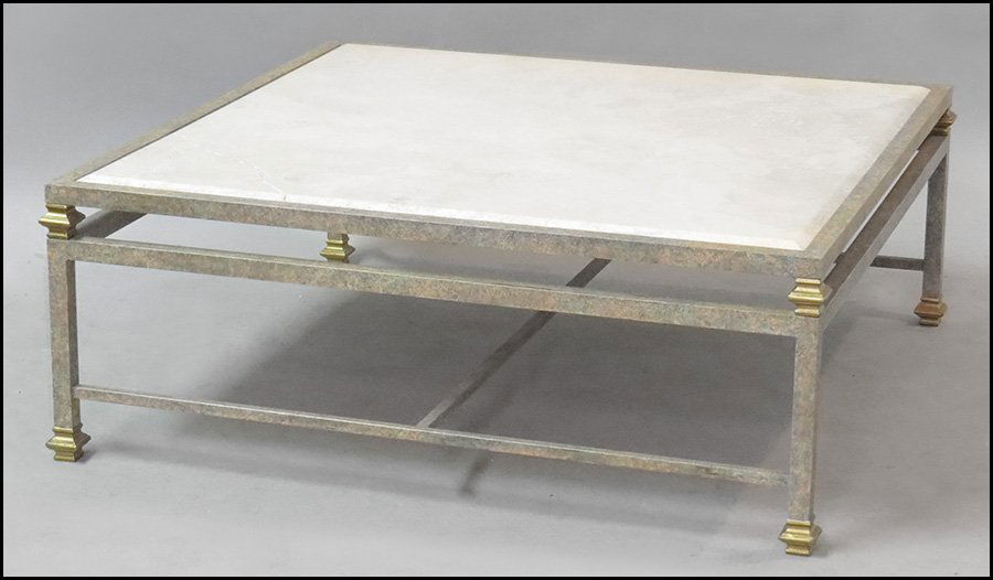 CONTEMPORARY BRASS AND METAL COCKTAIL TABLE.: CONTEMPORARY BRASS AND METAL COCKTAIL TABLE. Bearing a travertine top. Top is cracked H: 18" W: 48" D: 48"