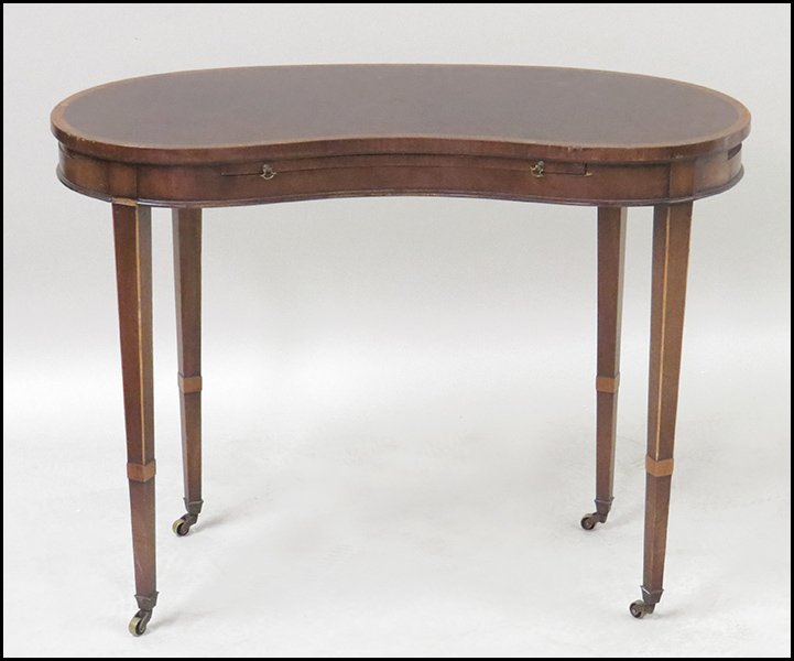 INLAID MAHOGANY LADIES WRITING DESK.: INLAID MAHOGANY LADIES WRITING DESK. On casters with pullout candle stands 27'' x 36'' x 16''