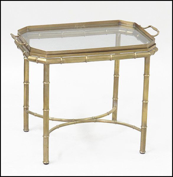 MASTERCRAFT BRASS FAUX BAMBOO TRAY TABLE.: MASTERCRAFT BRASS FAUX BAMBOO TRAY TABLE. H: 20.5" x W: 27" x D: 15"