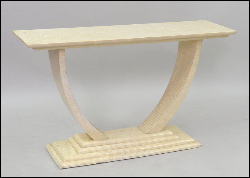 SAMUEL MARX STYLE BONE INLAY CONSOLE TABLE.: SAMUEL MARX STYLE BONE INLAY CONSOLE TABLE. H: 31.5" x W: 54" x D: 16.5"
