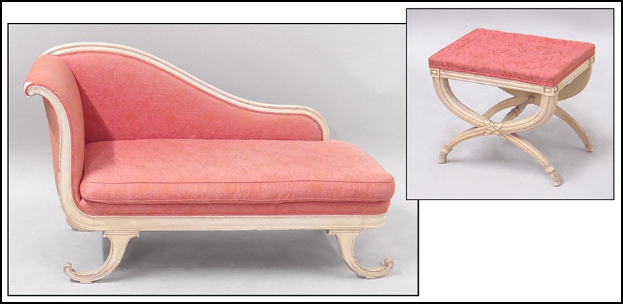 UPHOLSTERED SETTEE.: UPHOLSTERED SETTEE. Together with a matching footstool (H: 17" x 20" x 14.5") H: 32" x W: 60" x D: 24"