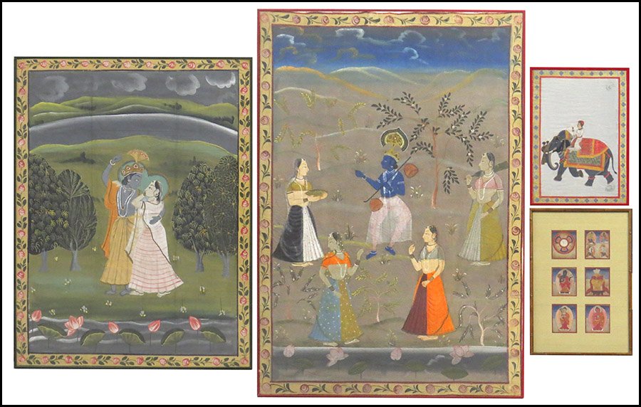 TWO INDIAN PICHWAI PAINTINGS.: TWO INDIAN PICHWAI PAINTINGS. Depicting Krishna and female followers. Together with a painting of a Mughal imperial figure and six Tibetan buddhist paintngs (3" X 4") framed together Largest frame: 53