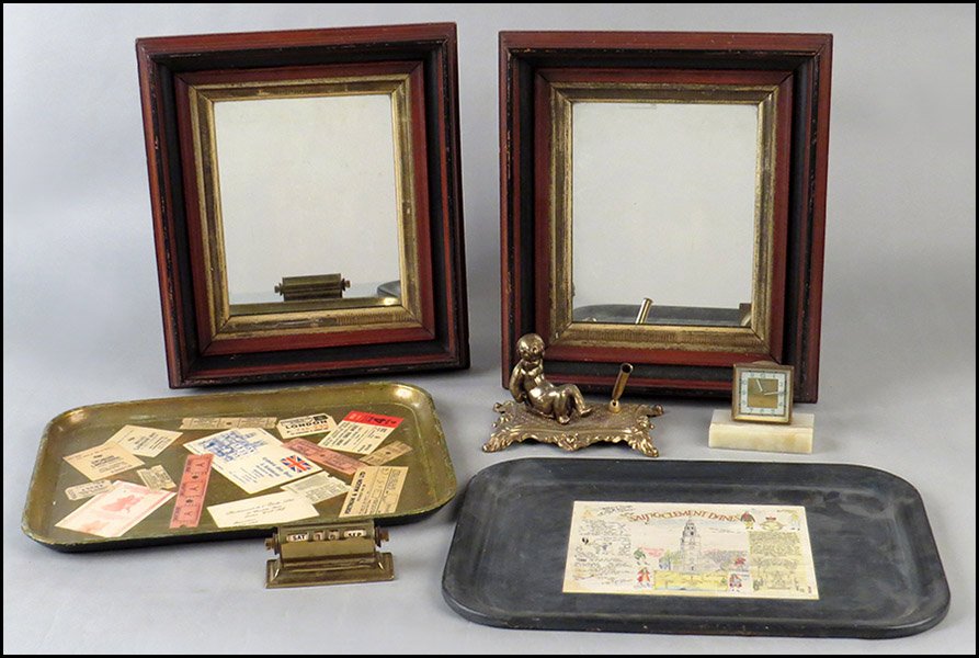 COLLECTION OF DECORATIVE ITEMS.: COLLECTION OF DECORATIVE ITEMS. Comprised of a pair of mirrors, two trays, a desk clock, a brass perpetual calendar, and a patinated metal pen holder