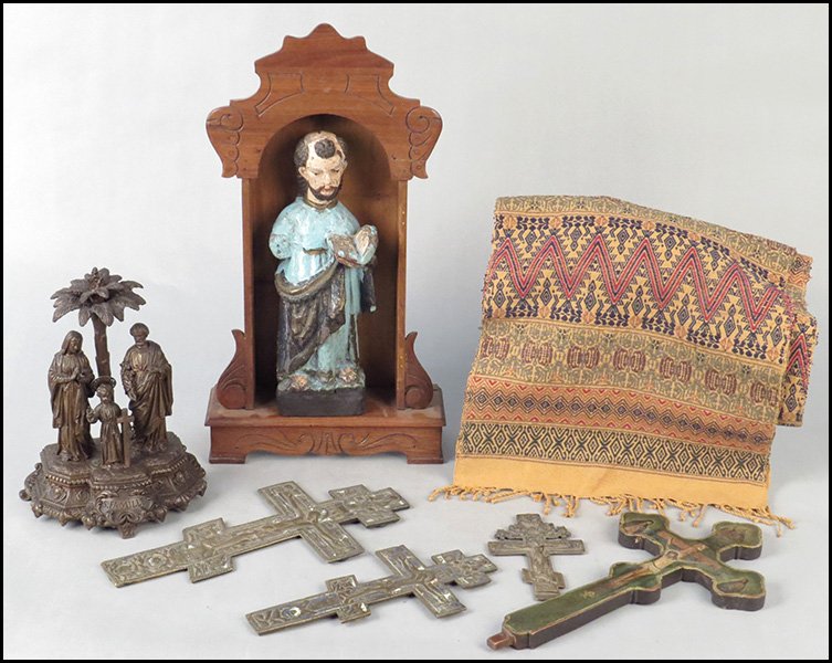 POLYCHROME SANTOS FIGURE.: POLYCHROME SANTOS FIGURE. Together with other various religious items, including a polychome crucifix, three metal crucifixes, a patinated holy family sculpture, and an altar cloth Height: 13"