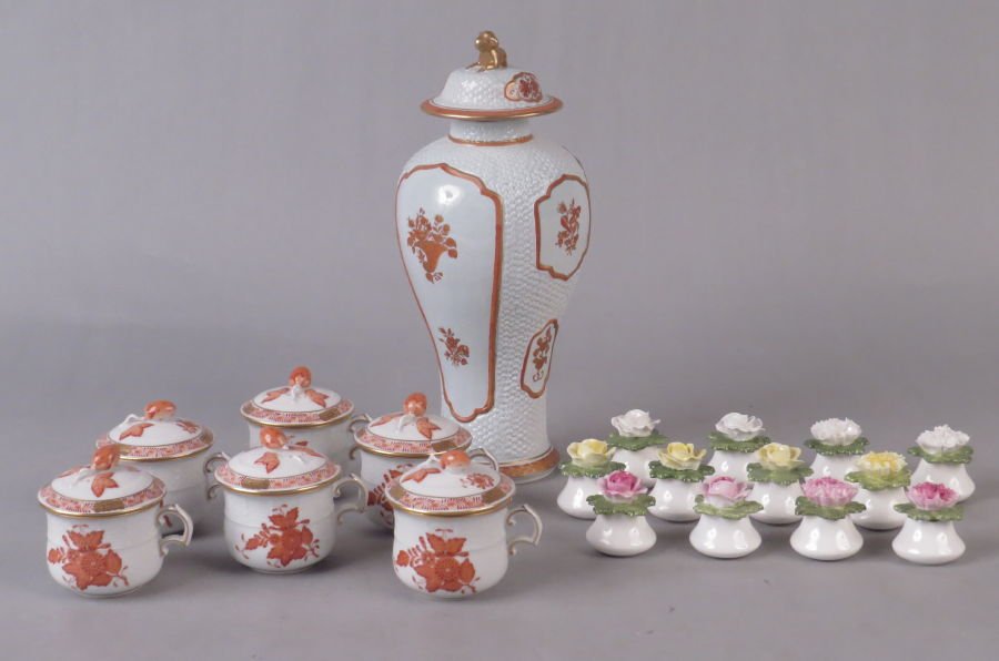 SET OF SIX HEREND COVERED POT DE CREME.: SET OF SIX HEREND COVERED POT DE CREME. Together with twelve Aynsley salt and pepper shakers and a Mottahedeh covered urn Height: 3.5"