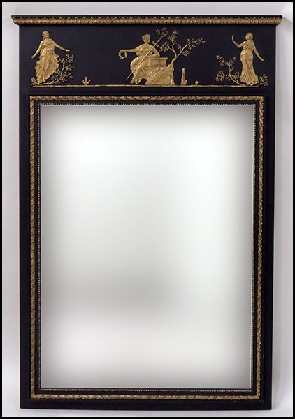 EBONIZED AND GOLD PAINTED WOOD MIRROR.: EBONIZED AND GOLD PAINTED WOOD MIRROR. Depicting classical figures in the frieze 55" x 35"