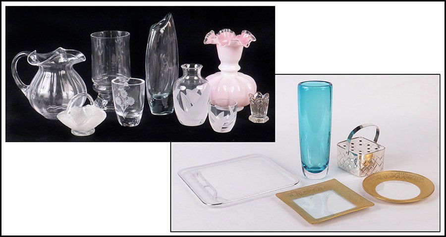 COLLECTION GLASS AND METAL DECORATIVE ITEMS.: COLLECTION GLASS AND METAL DECORATIVE ITEMS. Inclused two Orrefors vases, a glass pitcher, and other various decorative items Tallest vase height: 12"