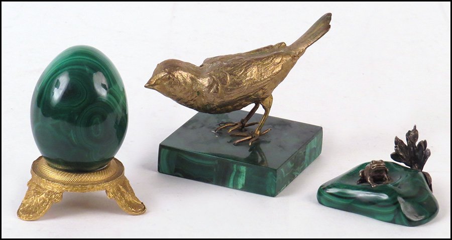 GILT BRONZE BIRD MOUNTED ON A MALACHITE BASE.: GILT BRONZE BIRD MOUNTED ON A MALACHITE BASE. Together with a carved malachite egg and a silverplate frog mounted on a malachite base Total height: 3.25"