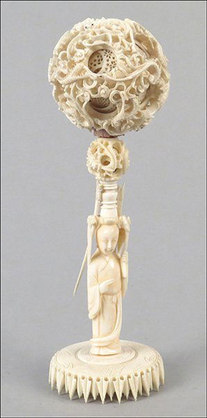 CHINESE CARVED IVORY PUZZLE BALL.: CHINESE CARVED IVORY PUZZLE BALL. H:9.5"