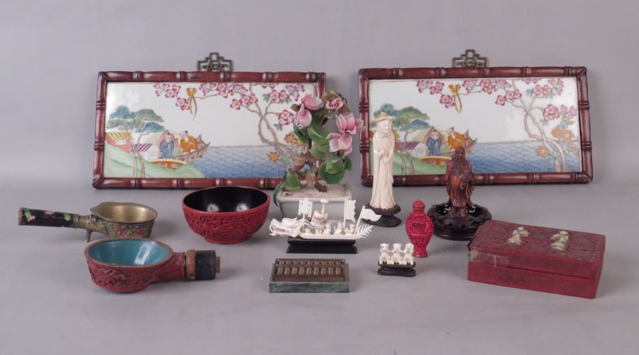 COLLECTION OF CHINESE DECORATIVE ITEMS.: COLLECTION OF CHINESE DECORATIVE ITEMS. Includes a carved stone bonsai, a cinnabar box, a carved bone figure, and other assorted items Tallest height: 7"