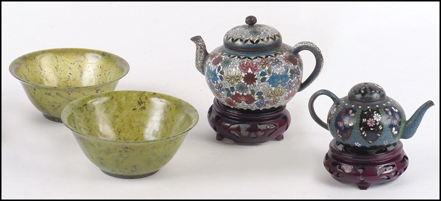 TWO CLOISONNE CABINET TEAPOTS.: TWO CLOISONNE CABINET TEAPOTS. Together with a pair of caved stone rice bowls